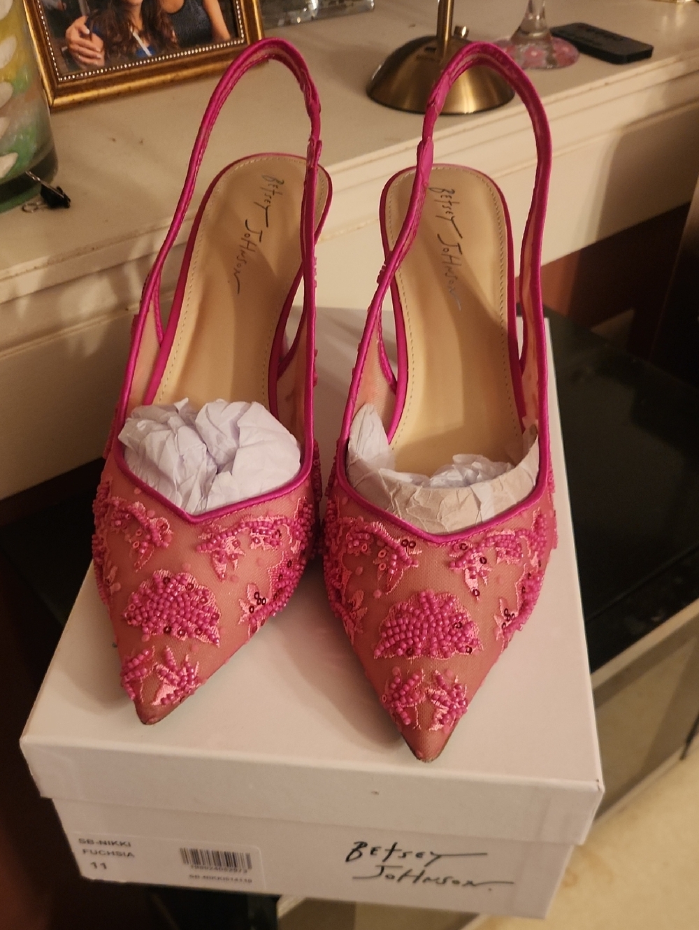 Betsey Johnson Hot Pink Beaded Slingback Pointed Toe Pumps